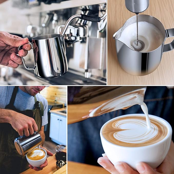 Milk Frothing Pitcher, 600ml (20oz) Steaming Pitchers Stainless Steel Milk Coffee Cappuccino Latte Art Barista Steam Pitchers Milk Jug Cup with Decorating Art Pen, Bright Black