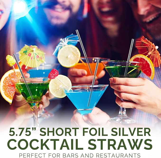 Chunsapk 5.75 inch Disposable Short Silver Paper Cocktail Straws, Stirring Straws 500 Counts - for Party, Wedding, Bars