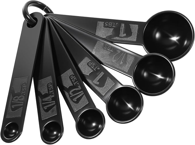 5Pcs Black Measuring Spoons Universal Easy to Read Measuring Cup and Spoon Set with Soft Grip Handle Plastic Cups and Spoons for Baking&Kitchen Hang Hole and Nesting for Easy Storage