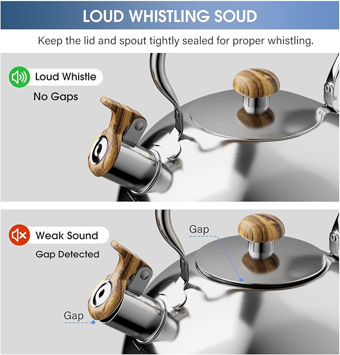 Whistling Tea Kettle for Stovetop, 2.6 Quart Food Grade Stainless Steel Tea Kettle with Wood Pattern Handle for Home Kitchen, Loud Whistle, Silver