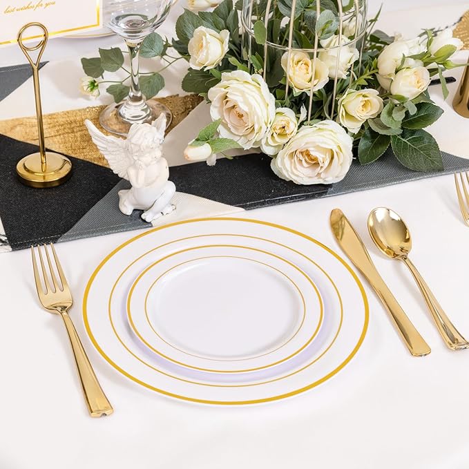 NOCCUR 200PCS Gold Plastic Plates - 100 Dinner / 100 Dessert Disposable Plates Heavy Duty - Ideal for Wedding/Party/Christmas