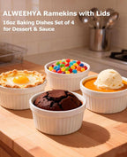Ramekins 16 oz Oven Safe, Creme Brulee Ramekins with Lids, White Ceramic Souffle Dishes Ramekin, Mini Baking Bowls with Cover Set of 4, Ramekin Assorted Sizes - Dishwasher and Oven Safe
