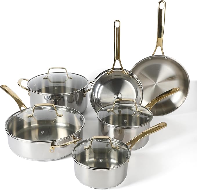 Martha Stewart Castelle 10 Piece 18/8 Durable Stainless Steel Induction Safe Pots and Pans Non-Toxic Kitchen Cookware Set - Gold Handles - Dishwasher Safe