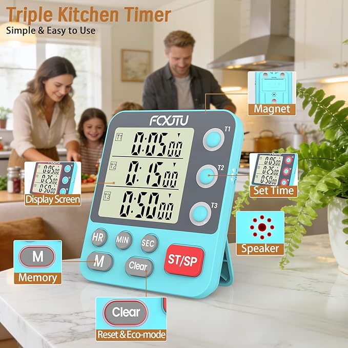 FCXJTU Digital Dual Triple Kitchen Timer, 3 Channels Magnetic Countdown Stopwatch Timer for Cooking, Loud Alarm Large Display Multi Food Memory Timer for Seniors & Teachers Battery Included (Blue)