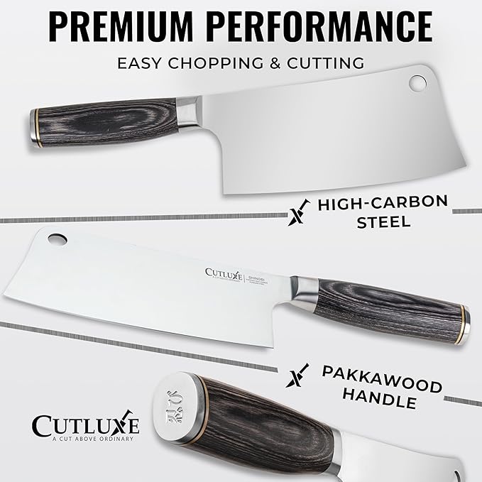 Cutluxe Meat Cleaver Knife – Ultra Sharp 7" Meat Cleaver, Butcher Knife, High Carbon Stainless Steel Blade, Full Tang Pakkawood Handle – Shinobi Series