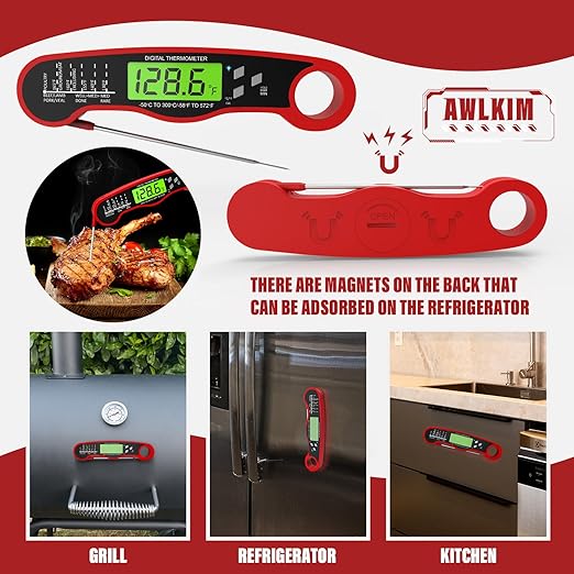 AWLKIM Digital Meat Thermometer for Cooking - IP67 Waterproof Kitchen Thermometer with Backlight and Hold, Fast Instant Read Thermometer, Candy Making, Outside Grill, Stocking Stuffers for Men-2 Pack