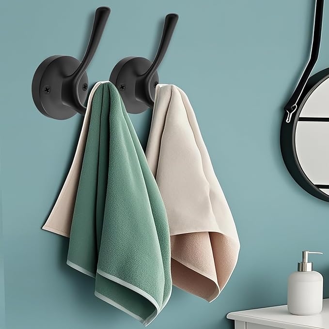 Black Towel Hooks, 2 Pack Coat Robe Hook Heavy Duty Metal Double Bathrobe Hook Wall Mounted, Hand Towels Hooks for Cubicle Bathroom Kitchen Closet Garage