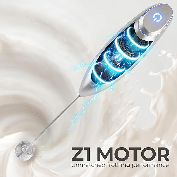 Zulay Kitchen Patented Tornado Triple Whisk Milk Frother with 4 Duracell Batteries – Handheld Foam Maker for Coffee, Lattes, Matcha & Hot Chocolate – Rich, Creamy Froth in Seconds - Bright Silver