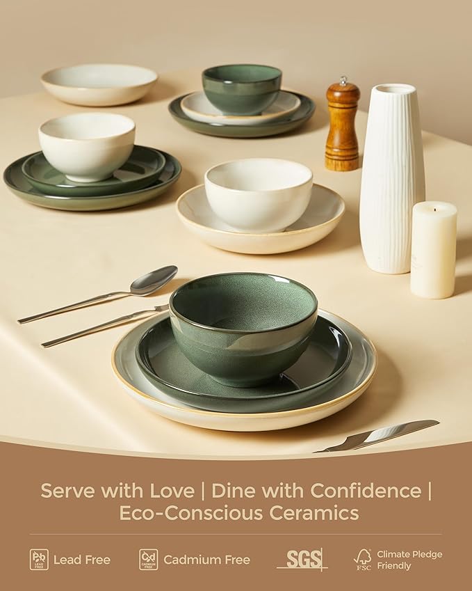 Pokini 32 Piece Double Bowl Dinnerware Sets with Pasta Bowls, Highly Chip and Crack Resistant Plates and Bowls Sets, Natural Earthyware Ceramic Dishware Sets, Service for 8 Yellow White