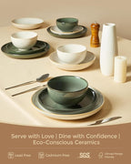 Pokini 32 Piece Double Bowl Dinnerware Sets with Pasta Bowls, Highly Chip and Crack Resistant Plates and Bowls Sets, Natural Earthyware Ceramic Dishware Sets, Service for 8 Yellow White