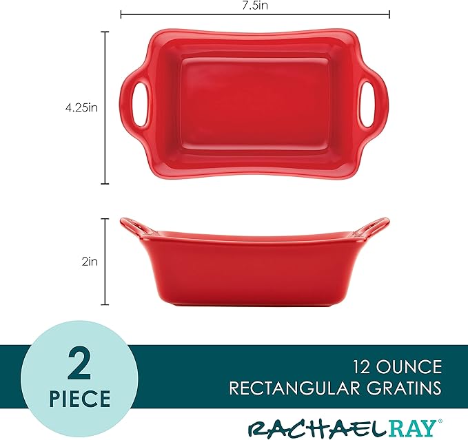 Rachael Ray Solid Glaze Ceramics Au Gratin Bakeware/Baker Set, Rectangular, 2 Piece, Red