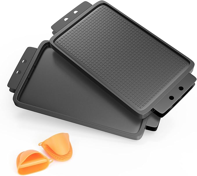 SafBbcue Upgraded 2-IN-1 Reversible Cast Iron Griddle, 17.5 x 10.8 Inch Griddle Pan with Silicone Cooling Handle, Griddle for Gas Stove, Electric, Flat Top, Portable for Stovetop or Outdoor Camping