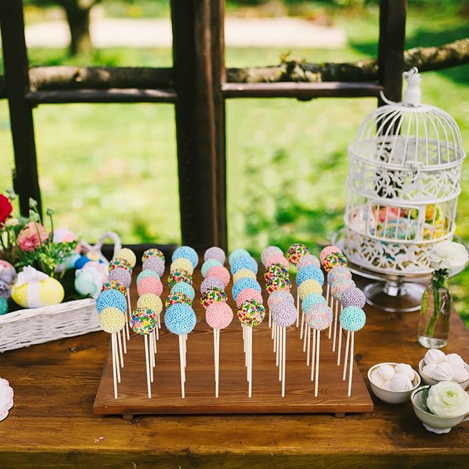 Wood Cake Pop Stand /w 300 Pcs Cake Pop Sticks and Wrappers - 48 Holes Cake Pop Holder Stand for Dessert Table- Lollipop Holder for Birthdays, Baby Shower, Weddings or Any Events.