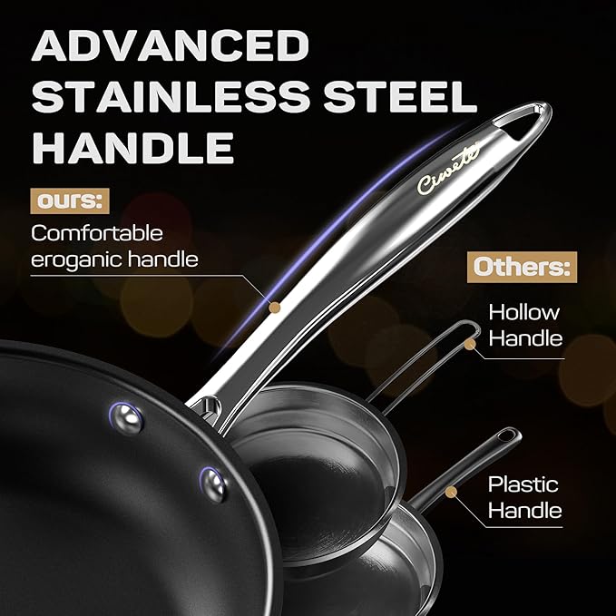 Ciwete 11-Piece Stainless Steel Pots and Pans Set Non Stick, Tri-Ply Stainless Steel Cookware Set, Induction Kitchen Cookware Sets with Steamer Insert & Stay-Cool Handles, Dishwasher, Oven Safe