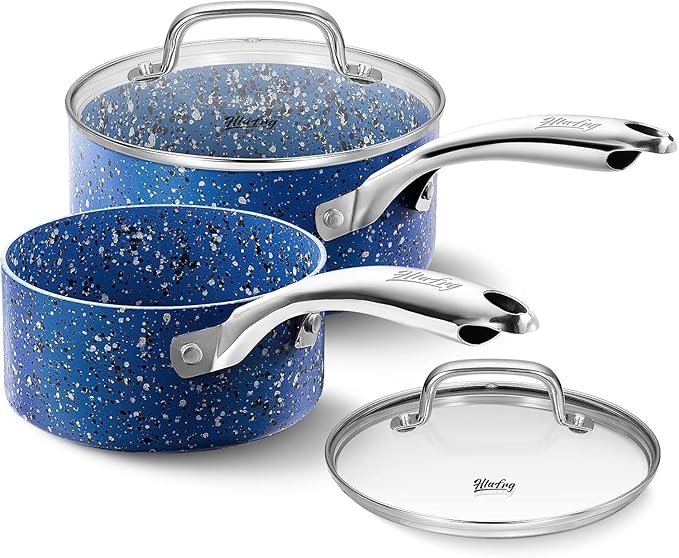 Kitchen Granite Nonstick 1 Quart and 2 Quart Sauce Pan Set with Lid, Multipurpose Pots Set Use for Home Kitchen or Restaurant, Blue