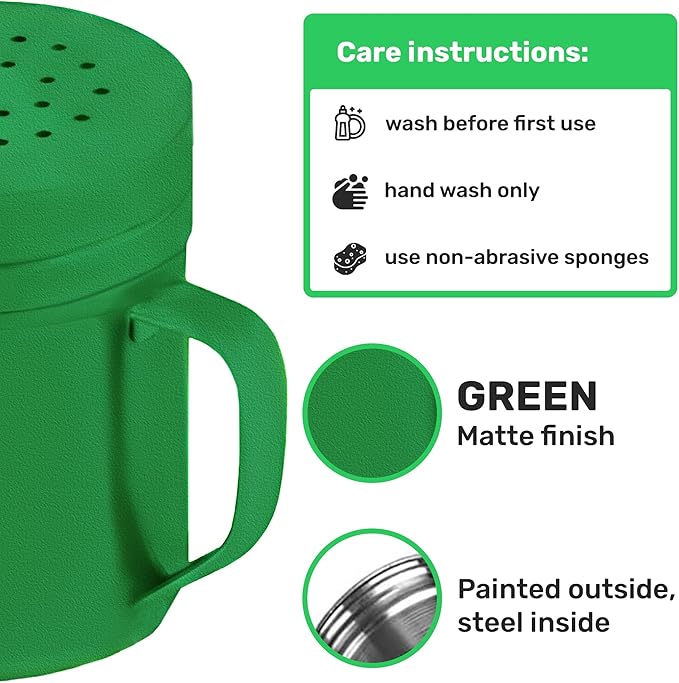 CUSINIUM 6oz Forest Green Stainless Steel Salt Pepper Dredge Shakers - With Plastic Cap - With Handle - Pack of 2