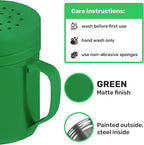 CUSINIUM 6oz Forest Green Stainless Steel Salt Pepper Dredge Shakers - With Plastic Cap - With Handle - Pack of 2