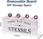 Kitchen Utensil Holder for Counter or Countertop, Extra Large Wood Organizer with 4 Compartments, Wooden Storage for Cooking and Silverware, Rustic Minimalist Decor, Sturdy Utensil Crock-White
