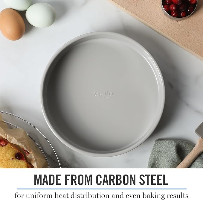 Martha Stewart Gallen 8-Inch Round Nonstick Carbon Steel Cake and Bake Pan – Cool Grey, Durable Bakeware for Even Baking and Easy Release