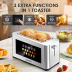 Geek Chef Toaster 4 Slice, 1.5" Touch Screen Extra Wide Slots for Bagels & Waffles, 6 Browning Levels, Timer, Reheat, Defrost, Cancel Function, Auto Shut-Off, Removable Crumb Tray, Stainless Steel