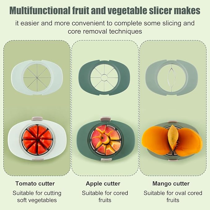 Fruit Cutter Slicer, 4 in 1 Apple Corer Remover Green 430 Stainless Steel Tomato Wedges Vegetable Cutter 8 Slices Multifunctional Kitchen Tool for Fruit & Vegetable Cutting