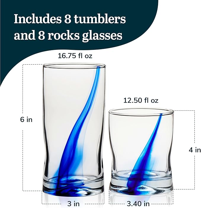 Libbey Blue Ribbon 16 Piece Tumbler and Rocks Glass Set, Infused Blue Ribbon Drinkware Glasses Set, Artisan Inspired Four-Dimple Shaped Rock Glasses, Dishwasher Safe Tumbler Glasses Set