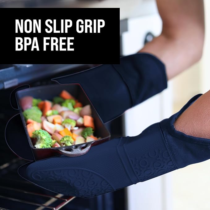 BPA-Free Soft Silicone Oven Mitts - Ultra Heat Resistant Oven Mitts with Thick Cotton Liner - Extra Long Slip Resistant Pot Holders, Flexible Oven Gloves - Navy 14.7"
