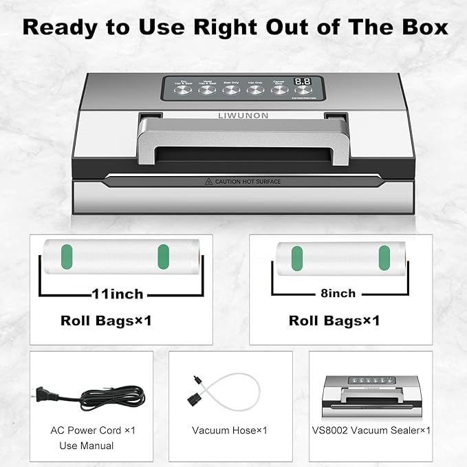 Upgraded Precision Fast-Vacuum Sealer, LIWUNON Commercial Full Automatic Food Vacuum Sealer Machine, Double Heat Seal, Built-in Cutter&Bag Storage, Powerful Food Vacuum Saver, 2 Bag Rolls&hose