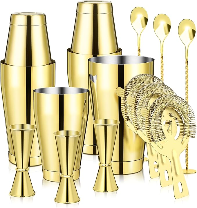 Mwellewm Cocktail Shaker Boston Shaker Set 15 Pcs Professional Bartender Kit Bar Shaker Stainless Steel Drink Shaker Bartending Beginner Martini Shaker Tin Mixed Alcohol Shaker Tool(Gold)