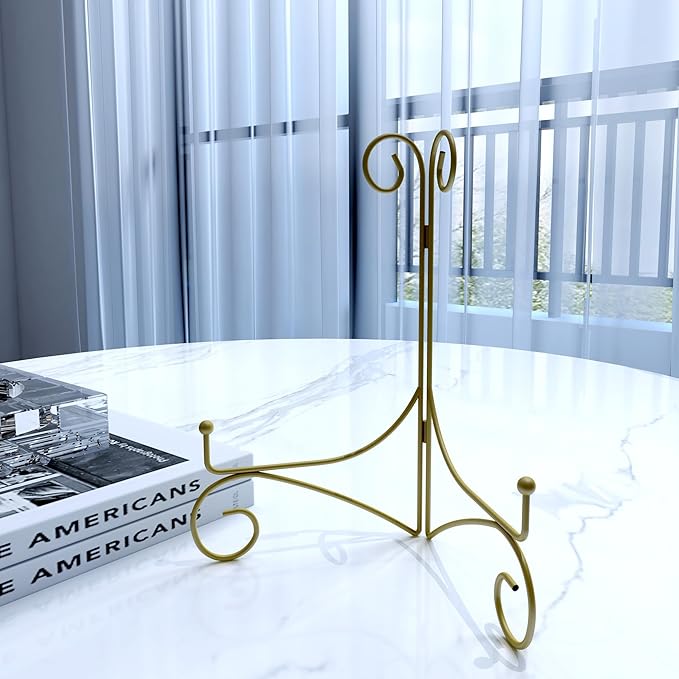 Plate Stand for Display with Hinged Folding Design, 6 Inch Picture Stands for Tables, Small Easels for Displaying Book, Art Piece, Photo and Platter, 6’’ Gold, 2-Pack