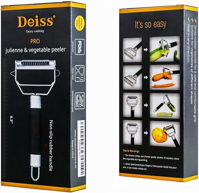 Deiss PRO Dual Julienne Peeler & Vegetable Peeler - Non-slip Handle - Apple Peeler & Potato Peeler, Orange Peeler, Zoodles Maker - Y Peeler, Veggie Peeler for Making Delicious Veggie Noodles