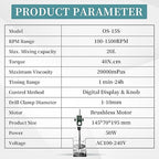 OS-15S Digital Overhead Stirrer 20L(H₂O) Lab Stirrer Flat-Base Stainless Steel Stand & 2 Stirring Paddles | 100-1500RPM,20000 mPas,Timing 1min-24h