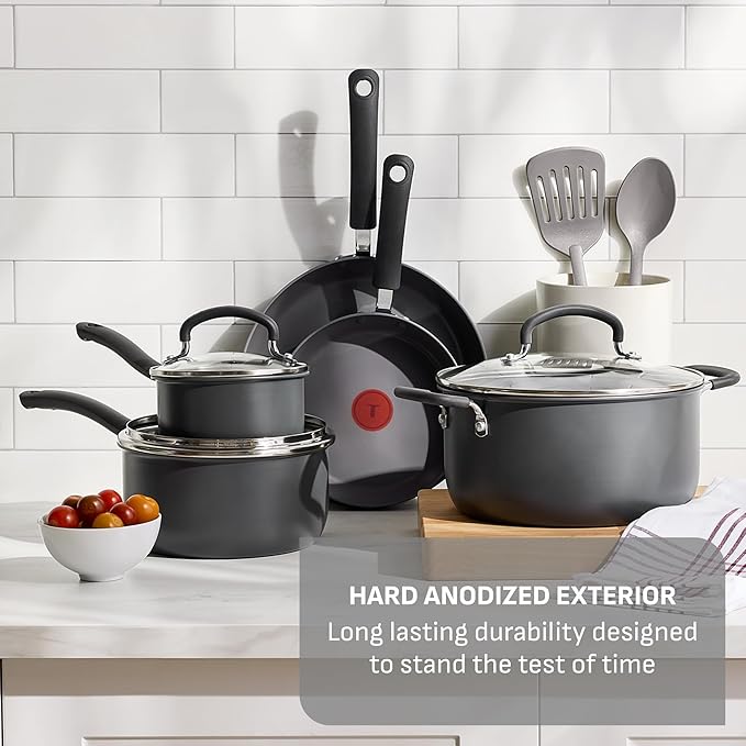 T-Fal Ultimate Hard Anodized Nonstick 10 Piece Cookware Set, Oven Safe Up to 400°F, Dishwasher Safe, Pots and Pans Set, Includes Frying Pans, Saucepan, Stockpot, Cooking Utensils, Stone