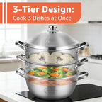 LOLYKITCH 8-Quart/ 30CM Stainless Steel Steamer Pot - 3 Tier Steamer for Cooking Dumplings & Veggies, 12 Inch Large Induction Stock Pot for All Stovetops, Heavy Duty