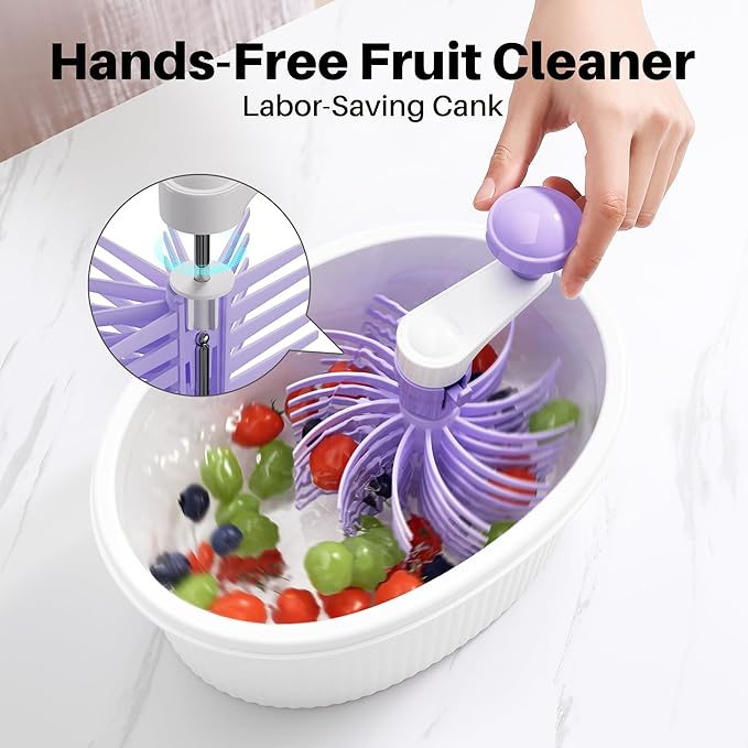 JOYMOOP Fruit Washer Spinner, Fruit Cleaner Spinner with Crank Handle, Hands-Free Fruit & Vegetable Washing Bowl, Manual Fruit Scrubber, No Electricity, Apricot Beige