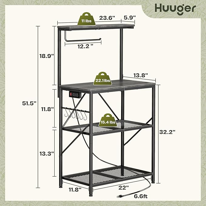 Huuger 4-Tier Bakers Rack with Reversible Power Outlet, 23.6 Inch Microwave Stand, Kitchen Coffee Bar, with Top Shelf, 6 S Hooks, Grey