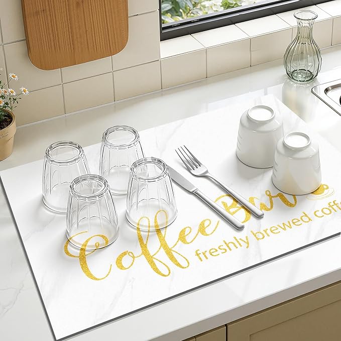 Findosom Dish Drying Mat, 16"x 24" Super Absorbent & Hide Stain Coffee Mat, Cuttable Drying Mat for Kitchen Counter, Coffee Bar Accessories, Under Dish Rack, Coffee Maker, Espresso Machine, White