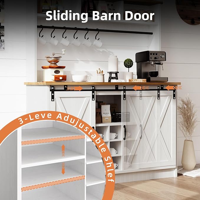 4ever2buy Farmhouse Coffee Bar Cabinet with Storage, 47”Coffee Bar with Sliding Barn Doors and 3 Storage Hutch, Hutch Cabin et with 6 Hooks & 9 Wine Racks for Dining Room, Kitchen, White