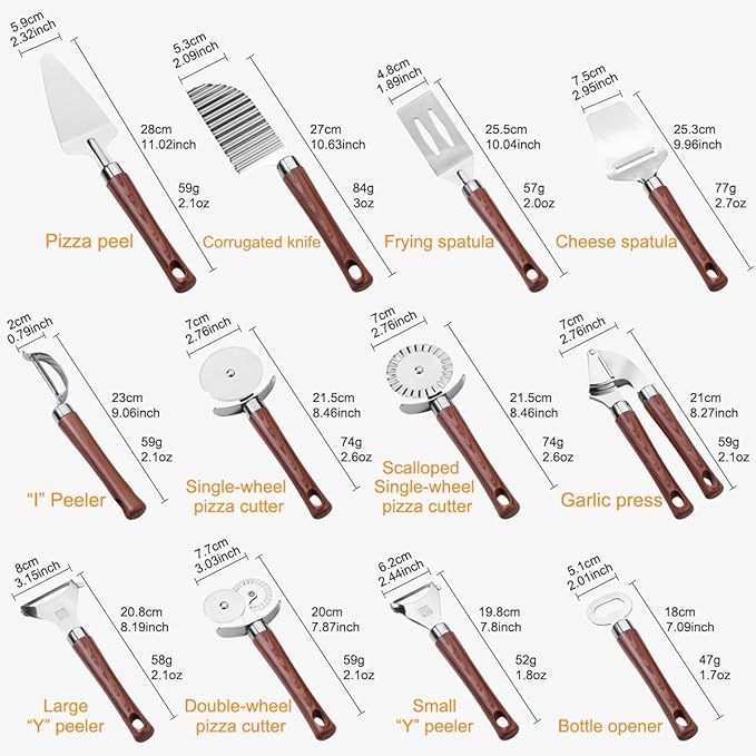 12-Piece Kitchen Tools and Gadgets Set with Wood Imitation Handle BRIIEC Stainless Steel Cooking Utensils Kitchen Accessories Includes Can Opener Garlic Press Peeler