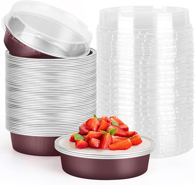 Beasea Disposable Mini Pie Tins With Lids, 4 Inch 50 Pack Disposable Mini Pie Pans Tart Pans, 8 Oz Aluminum Pie Pan Tin Coffee Tart Pans Round Oven Baking Mini Cake Pan for Pie Tart Quiche