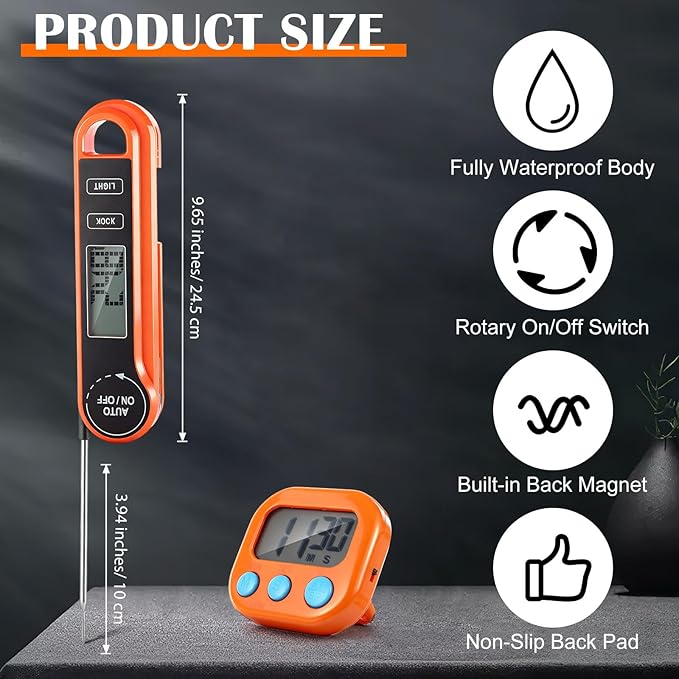 Kingdder 12 Pcs/ 6 Sets Meat Thermometer Digital with Magnetic Kitchen Timer Kit, Fast Instant Read & Waterproof & Foldable Food Thermometer & Kitchen Timer Bulk for Cooking, Grilling, Candy, BBQ