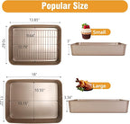 Roasting Pans with Handles, Bakeware Nonstick Steel Roaster with Flat Rack, Lasagna Pan 3 Inch Deep Baking Pan for Oven, Rectangle Cake Pans, Heavy Duty, Dishwasher Safe, 2 Pcs 13.7"16", Gold