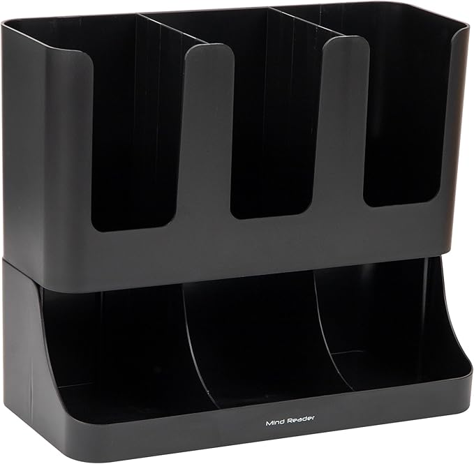 Mind Reader Cup and Condiment Station, Countertop Coffee Bar Organizer with 6 Compartments, Storage Caddy for Cups Lids and Packets, Plastic, Black