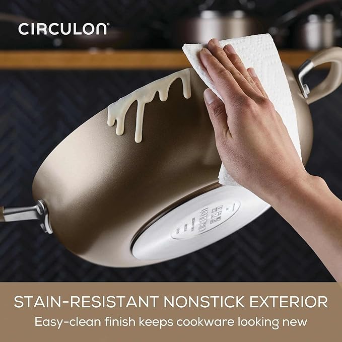 Circulon A1 Series with ScratchDefense Technology Nonstick Induction Pots and Pans, Metal Utensil Safe, Includes Splatter Guard, Slotted Turner and Silicone Trivets, 10 Piece Cookware Set - Champagne