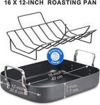 Cooks Standard Turkey Roasting Pan with Rack, Hard Anodized Nonstick 16-Inch x 12-Inch Chicken Ham Roaster Pan Multi-Use Grill Pan with Handles, Black