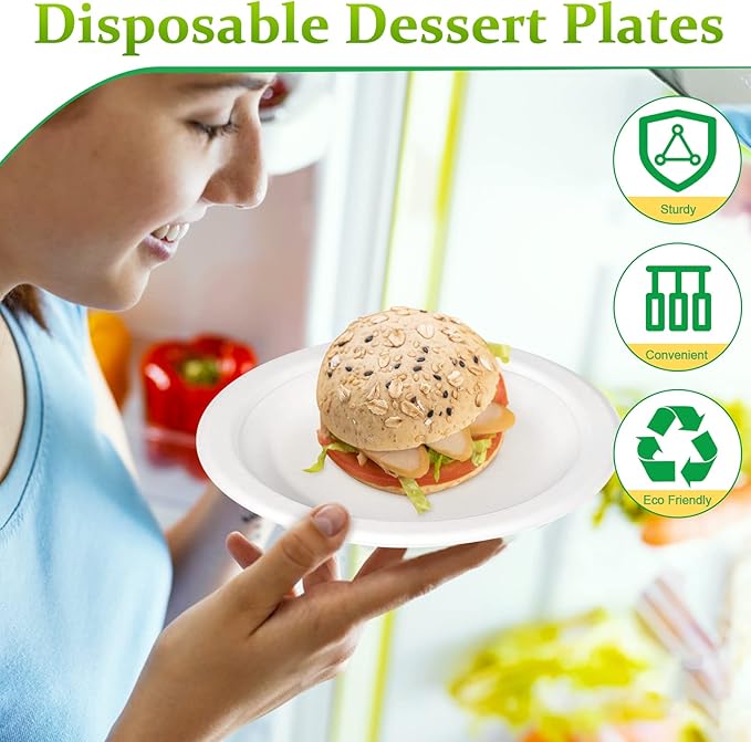 Small Compostable Plates - White 7" Bulk 200 Pack Recycled Plates for Dessert & Cake