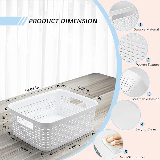 Soddeph Plastic Storage Baskets for Cabinets, Household Pantry Organization with Handle,Organizer Bins for Room,Bathrooms,Under-Sink,Kitchen (White, S-5PACK)