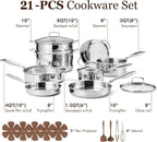 CAROTE 21pcs Tri-Ply Stainless Steel Cookware Set, Pots and Pans Set, Non Toxic Induction Kitchen Cooking Sets, Cookware Collection, Mirror Polish, Silver