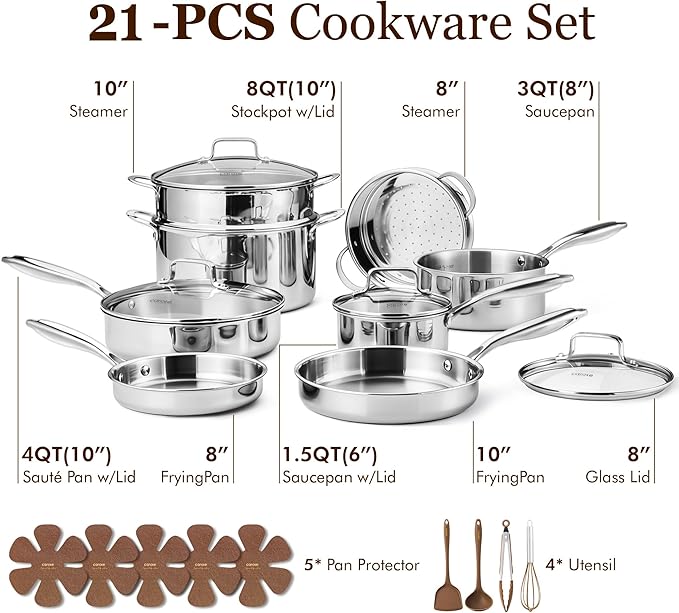 CAROTE 21pcs Tri-Ply Stainless Steel Cookware Set, Pots and Pans Set, Non Toxic Induction Kitchen Cooking Sets, Cookware Collection, Mirror Polish, Silver