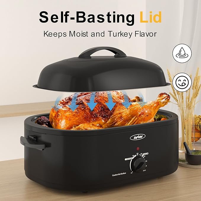 Royalcraft Roaster Oven with Self-Basting Lid, 18qt Electric Roaster with Removable Pan & Rack, Turkey Roaster Oven with Defrost & Warm Function, Stainless Steel, Black